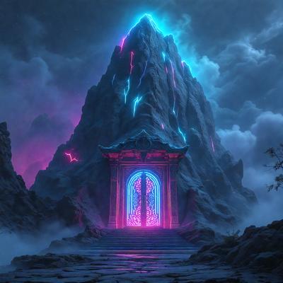 The primary subject of the image is a large, colorful mountain with a purple and blue glow. The mountain has a doorway carved into it, leading to a cave. The setting is a dark, cloudy sky, which adds to the dramatic atmosphere of the scene. The visual style is a combination of digital art and illustration, creating a surreal and fantastical environment. The dominant colors are purple, blue, and pink, giving the scene a vibrant and magical appearance.